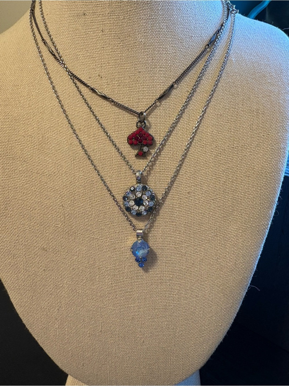 Mariana lot of 3 necklaces vary lengths blue red crystal rhinestones angel spade
